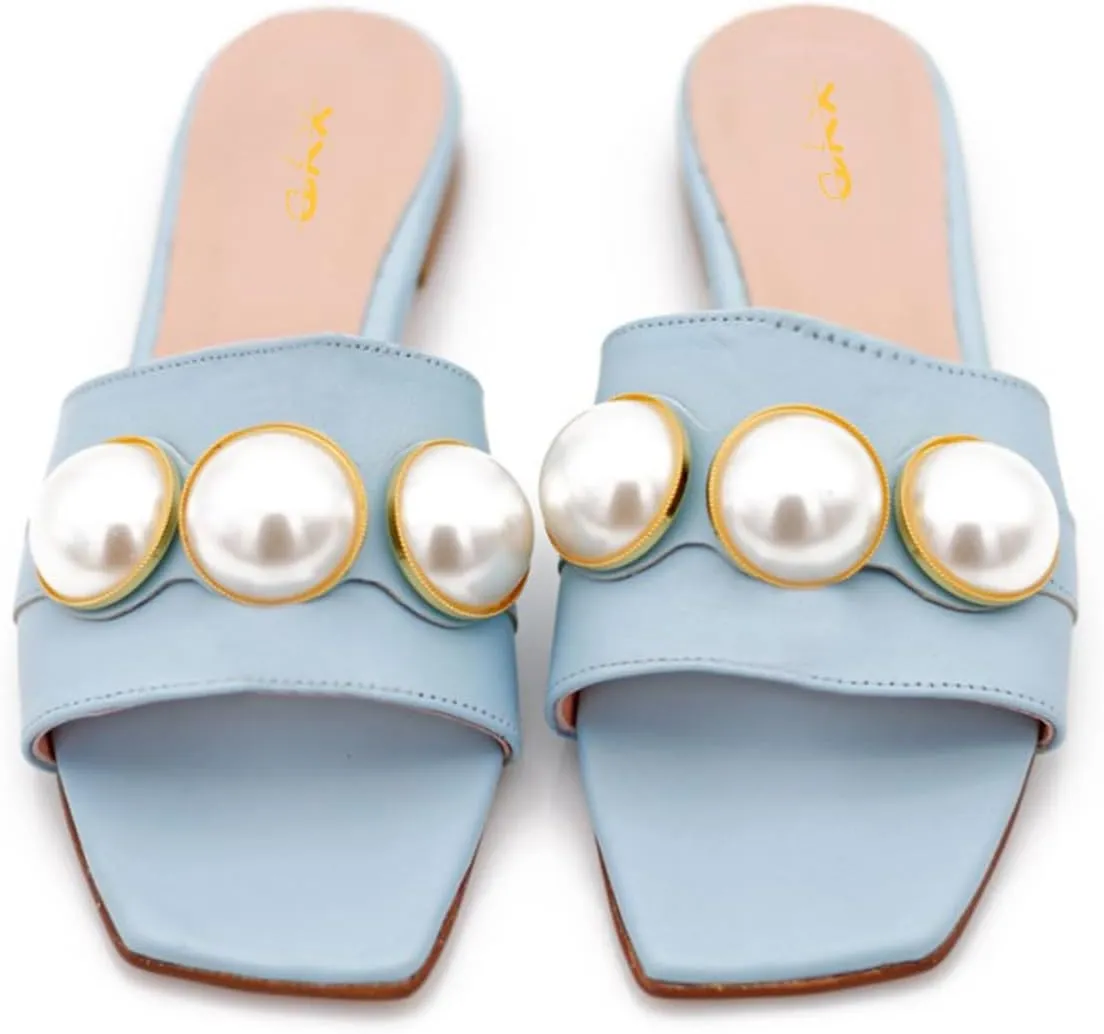 XYD Womens Square Open Toe Flat Beach Sandals Slip On Mule Slides Glossy Pearls Embellished Slipper Fashion Summer Dressy Shoes