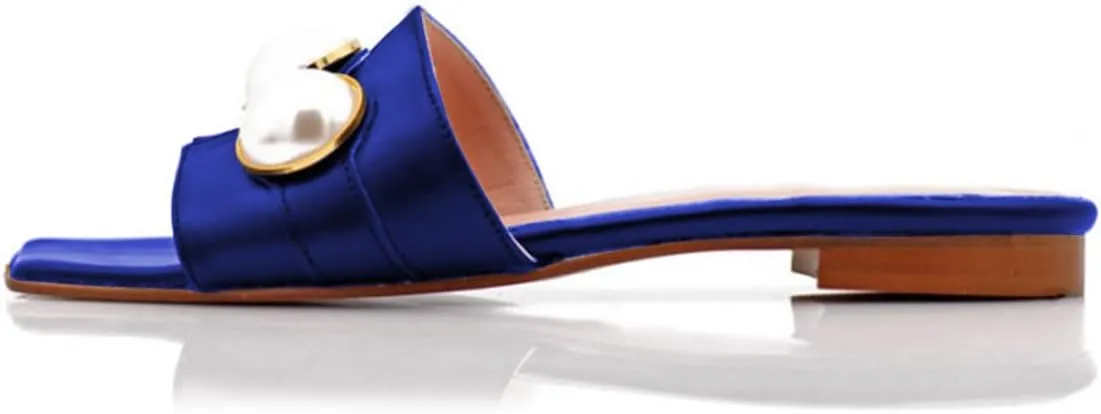 XYD Womens Square Open Toe Flat Beach Sandals Slip On Mule Slides Glossy Pearls Embellished Slipper Fashion Summer Dressy Shoes