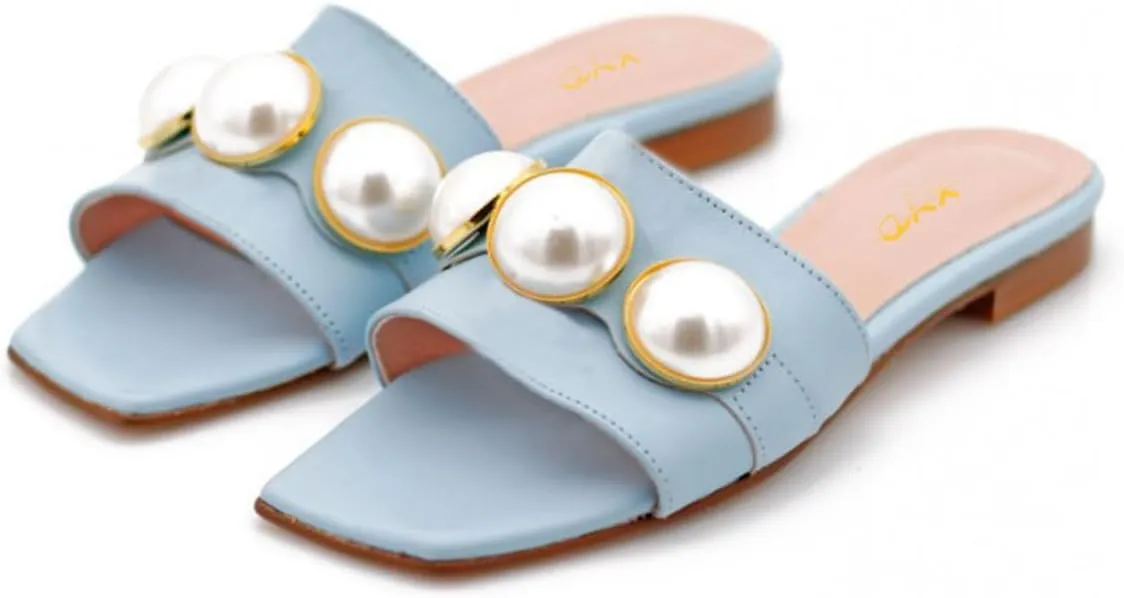 XYD Womens Square Open Toe Flat Beach Sandals Slip On Mule Slides Glossy Pearls Embellished Slipper Fashion Summer Dressy Shoes