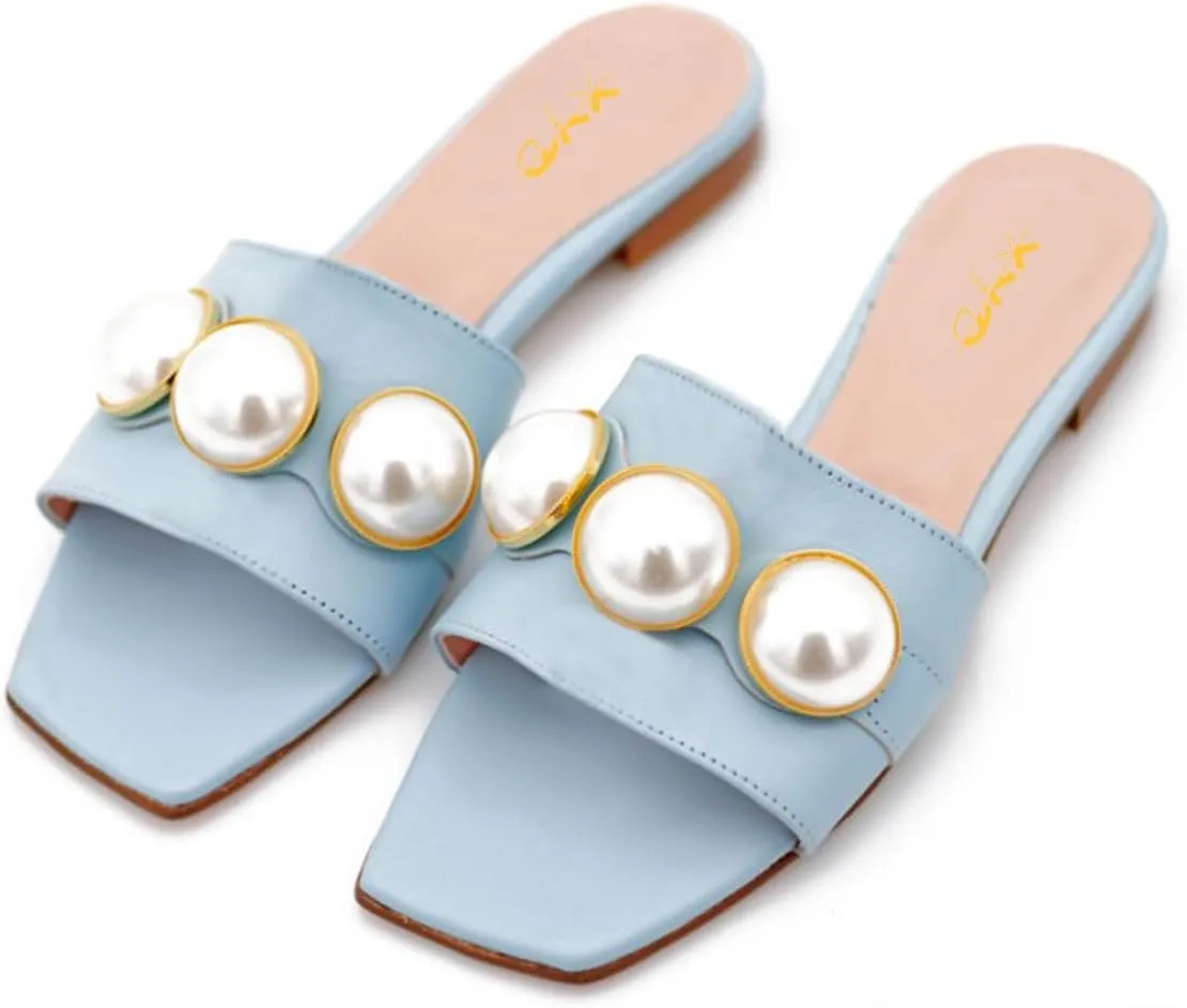 XYD Womens Square Open Toe Flat Beach Sandals Slip On Mule Slides Glossy Pearls Embellished Slipper Fashion Summer Dressy Shoes