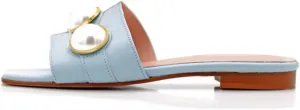 XYD Womens Square Open Toe Flat Beach Sandals Slip On Mule Slides Glossy Pearls Embellished Slipper Fashion Summer Dressy Shoes