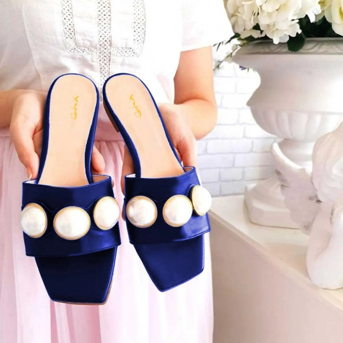 XYD Womens Square Open Toe Flat Beach Sandals Slip On Mule Slides Glossy Pearls Embellished Slipper Fashion Summer Dressy Shoes