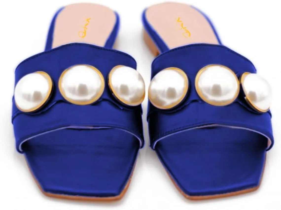 XYD Womens Square Open Toe Flat Beach Sandals Slip On Mule Slides Glossy Pearls Embellished Slipper Fashion Summer Dressy Shoes