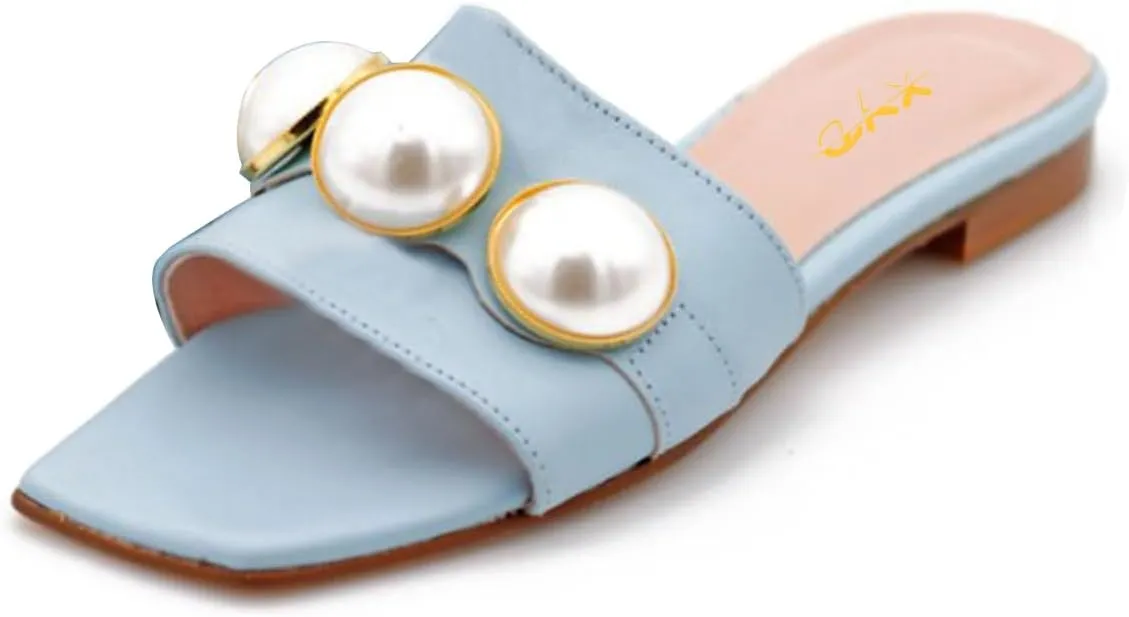 XYD Womens Square Open Toe Flat Beach Sandals Slip On Mule Slides Glossy Pearls Embellished Slipper Fashion Summer Dressy Shoes