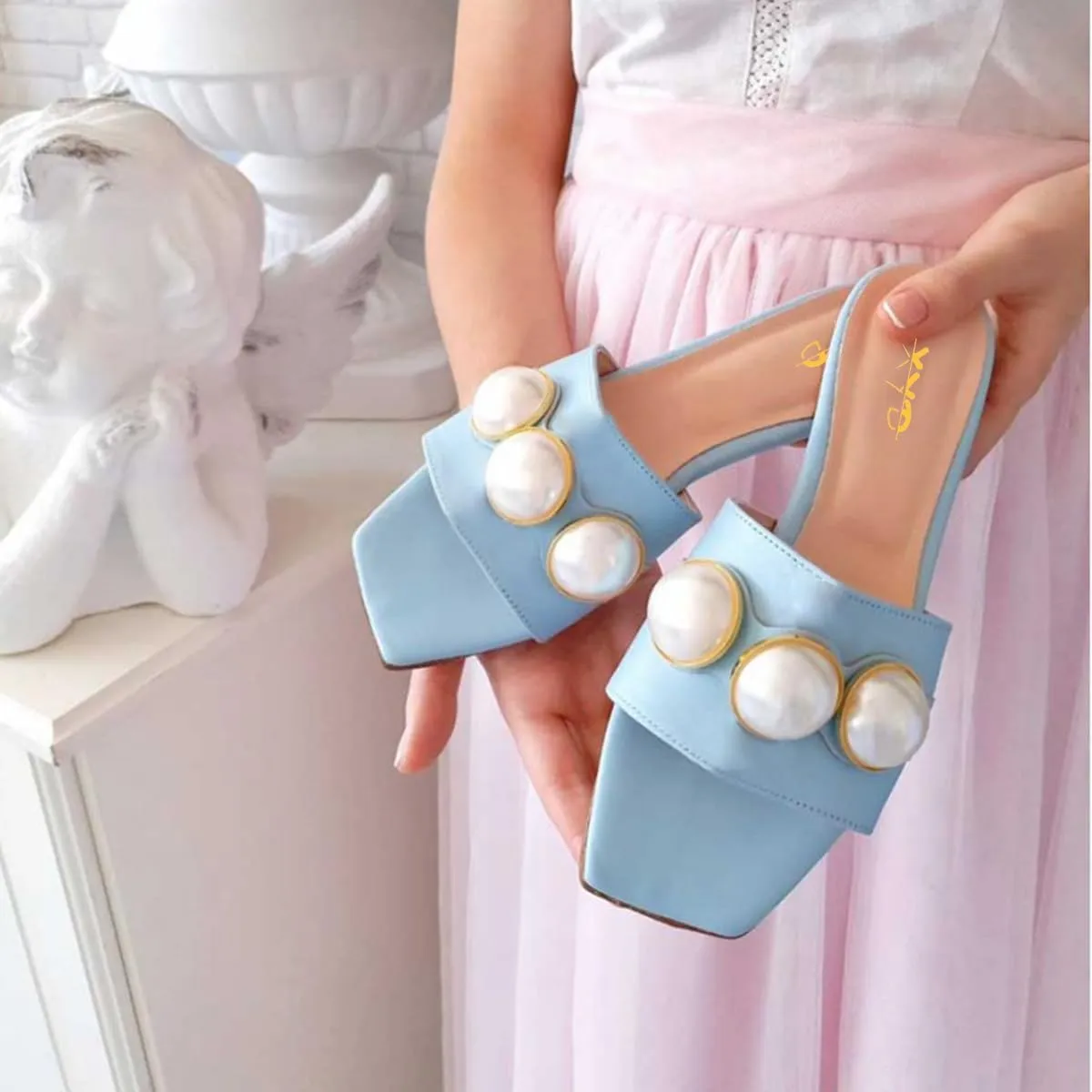XYD Womens Square Open Toe Flat Beach Sandals Slip On Mule Slides Glossy Pearls Embellished Slipper Fashion Summer Dressy Shoes