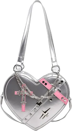 Y2K Crossbody Gothic Bag Women, Punk Rivet Sling Bag with Heart Shape Design - Trendy & Edgy Shoulder Bag (Silver)