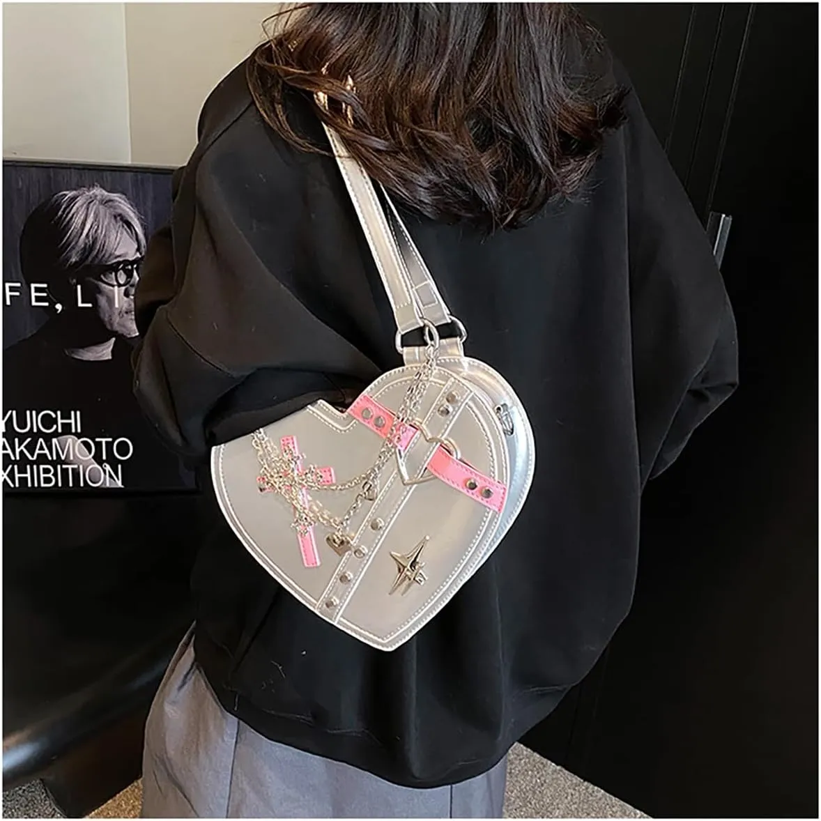 Y2K Crossbody Gothic Bag Women, Punk Rivet Sling Bag with Heart Shape Design - Trendy & Edgy Shoulder Bag (Silver)