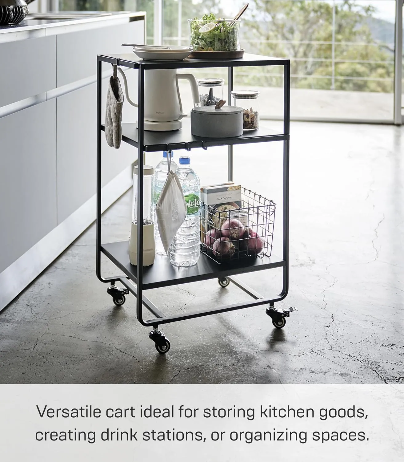 Yamazaki Home 3-Tier Storage Utility Kitchen/Bathroom | Steel | Rolling Carts, One Size, Black