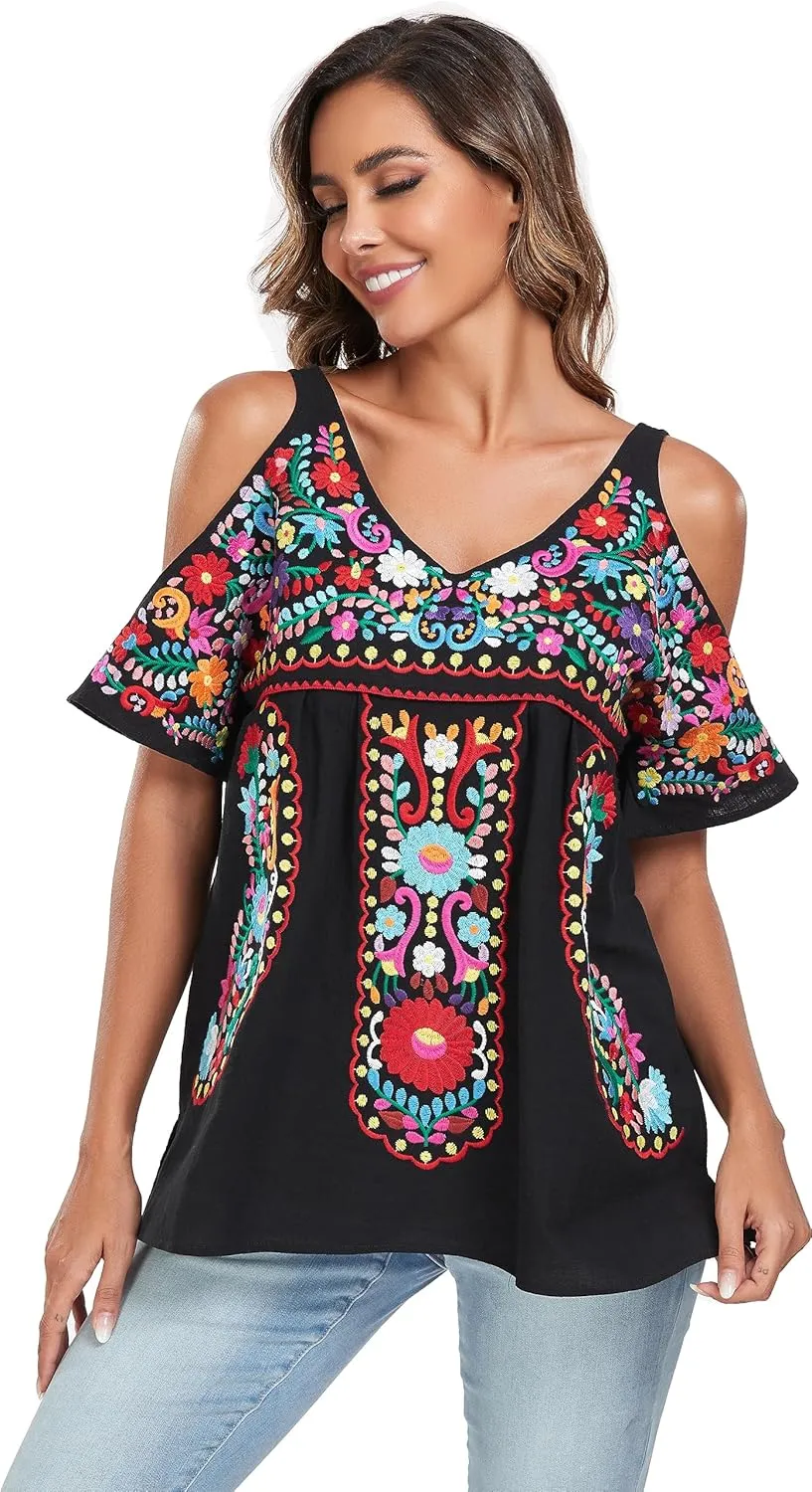 YZXDORWJ Women's Mexican Tops Cold Shoulder V Neck Sexy Blouse Short Sleeve Shirts Embroidered Floral Tunic