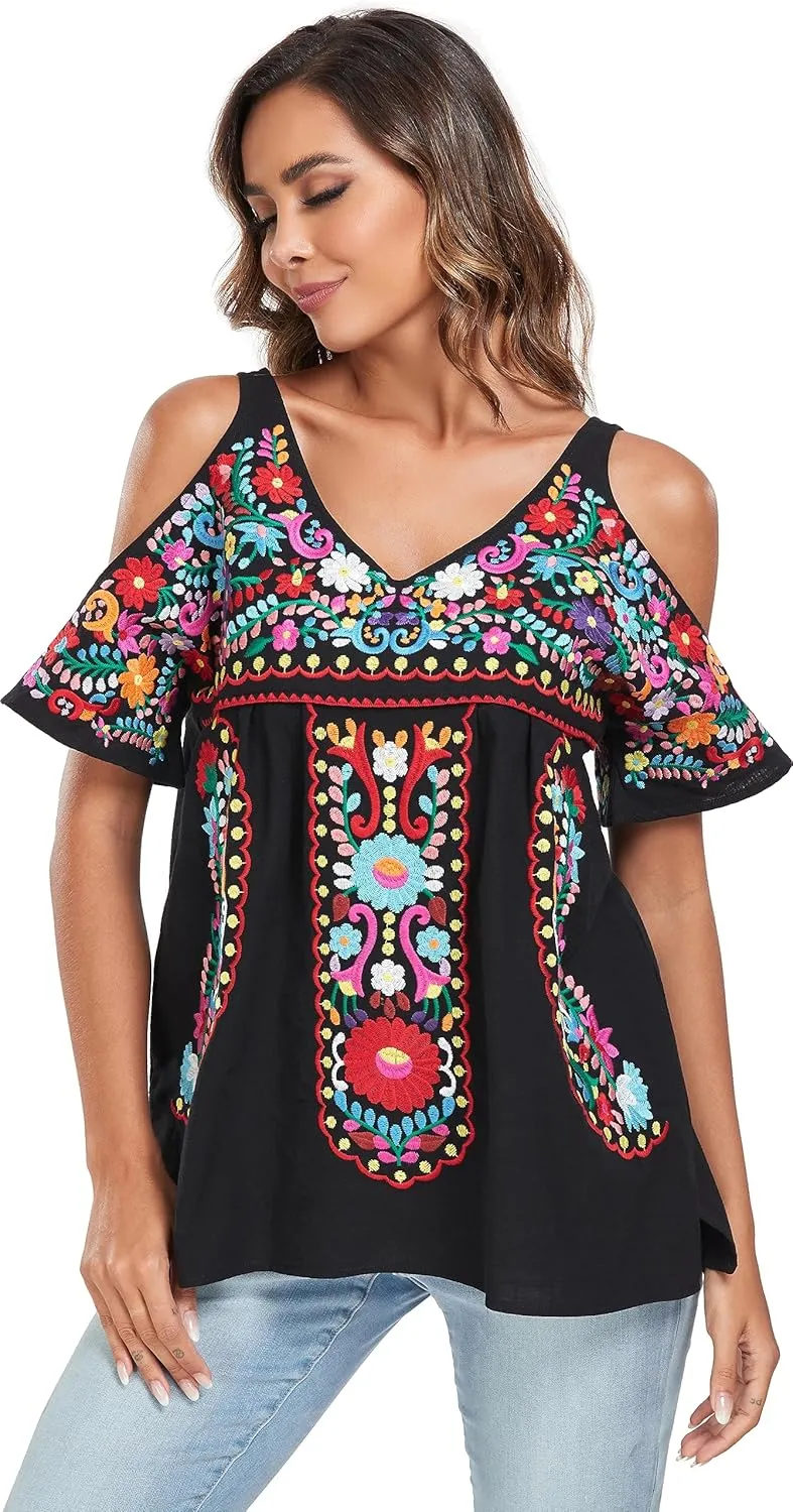 YZXDORWJ Women's Mexican Tops Cold Shoulder V Neck Sexy Blouse Short Sleeve Shirts Embroidered Floral Tunic