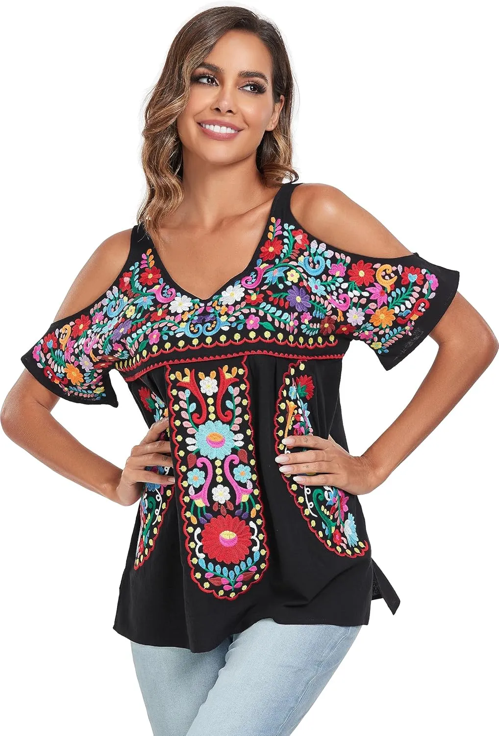 YZXDORWJ Women's Mexican Tops Cold Shoulder V Neck Sexy Blouse Short Sleeve Shirts Embroidered Floral Tunic