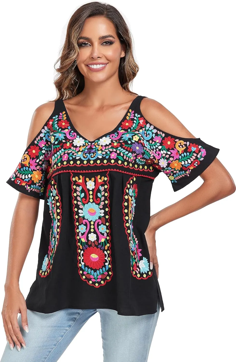 YZXDORWJ Women's Mexican Tops Cold Shoulder V Neck Sexy Blouse Short Sleeve Shirts Embroidered Floral Tunic