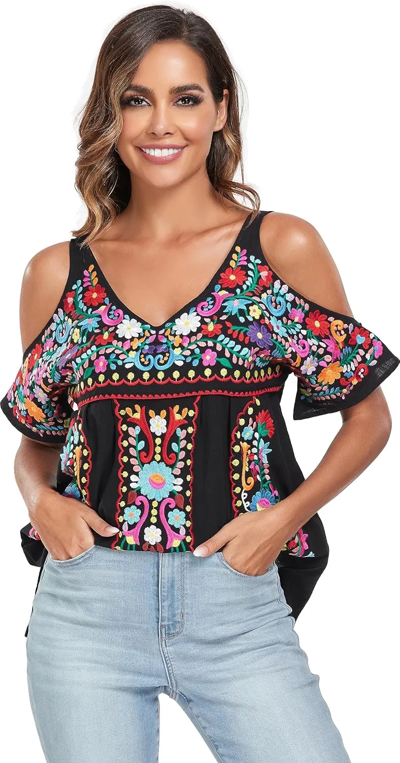 YZXDORWJ Women's Mexican Tops Cold Shoulder V Neck Sexy Blouse Short Sleeve Shirts Embroidered Floral Tunic