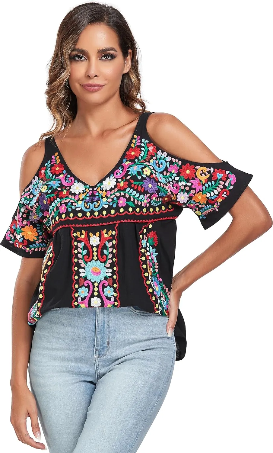 YZXDORWJ Women's Mexican Tops Cold Shoulder V Neck Sexy Blouse Short Sleeve Shirts Embroidered Floral Tunic