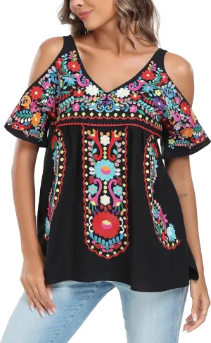 YZXDORWJ Women's Mexican Tops Cold Shoulder V Neck Sexy Blouse Short Sleeve Shirts Embroidered Floral Tunic