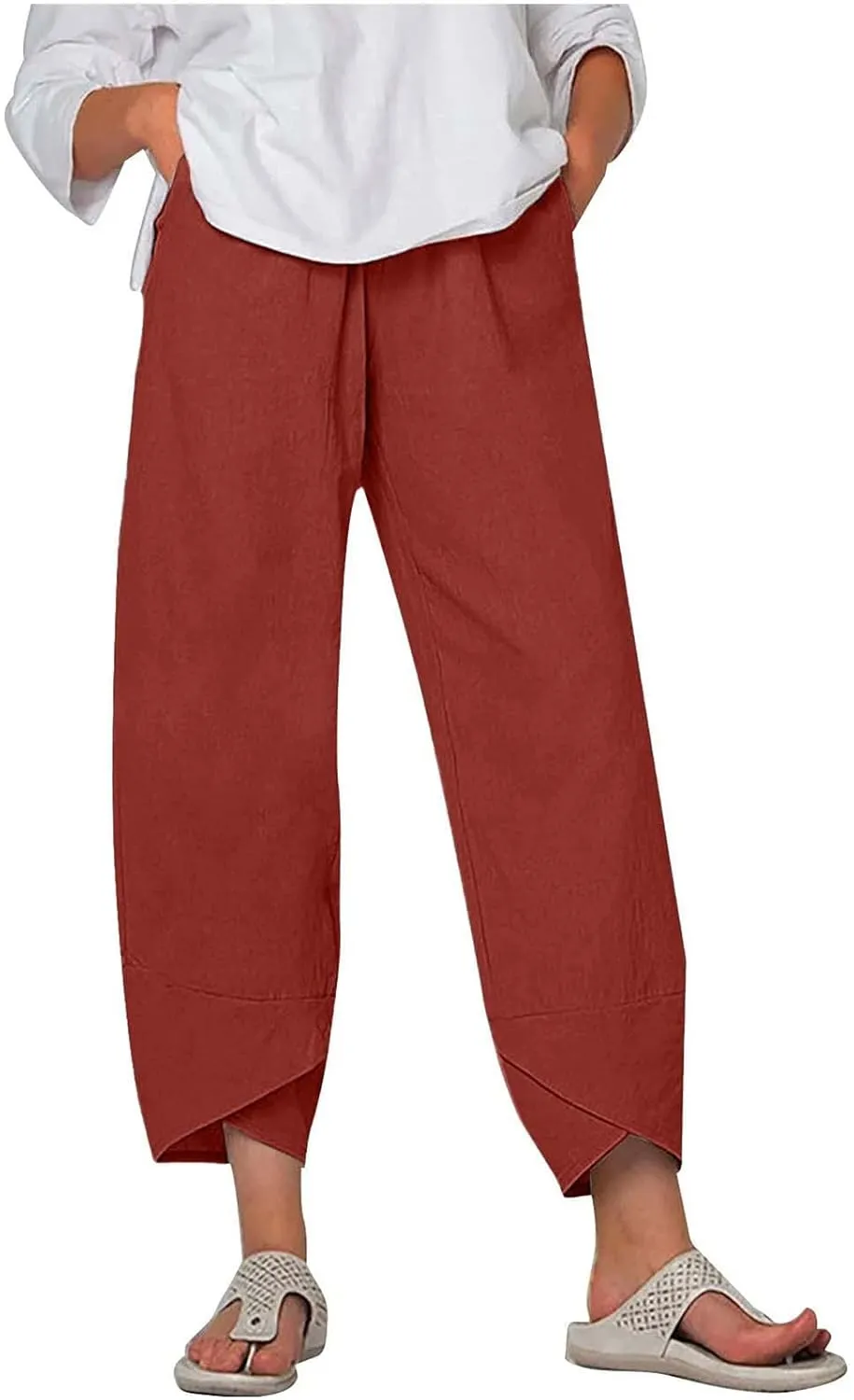 ZDRZK Capri Linen Pants Women Summer Casual High Waist Wide Leg Cropped Pant Loose Fit Beach Pant Trousers Plus Size