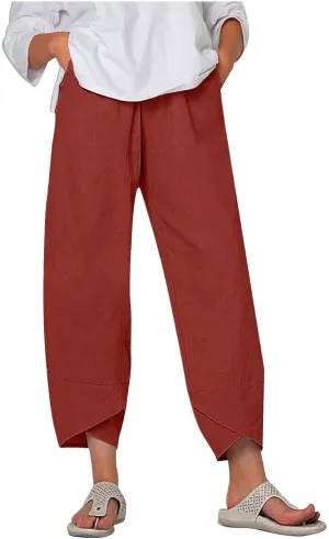ZDRZK Capri Linen Pants Women Summer Casual High Waist Wide Leg Cropped Pant Loose Fit Beach Pant Trousers Plus Size