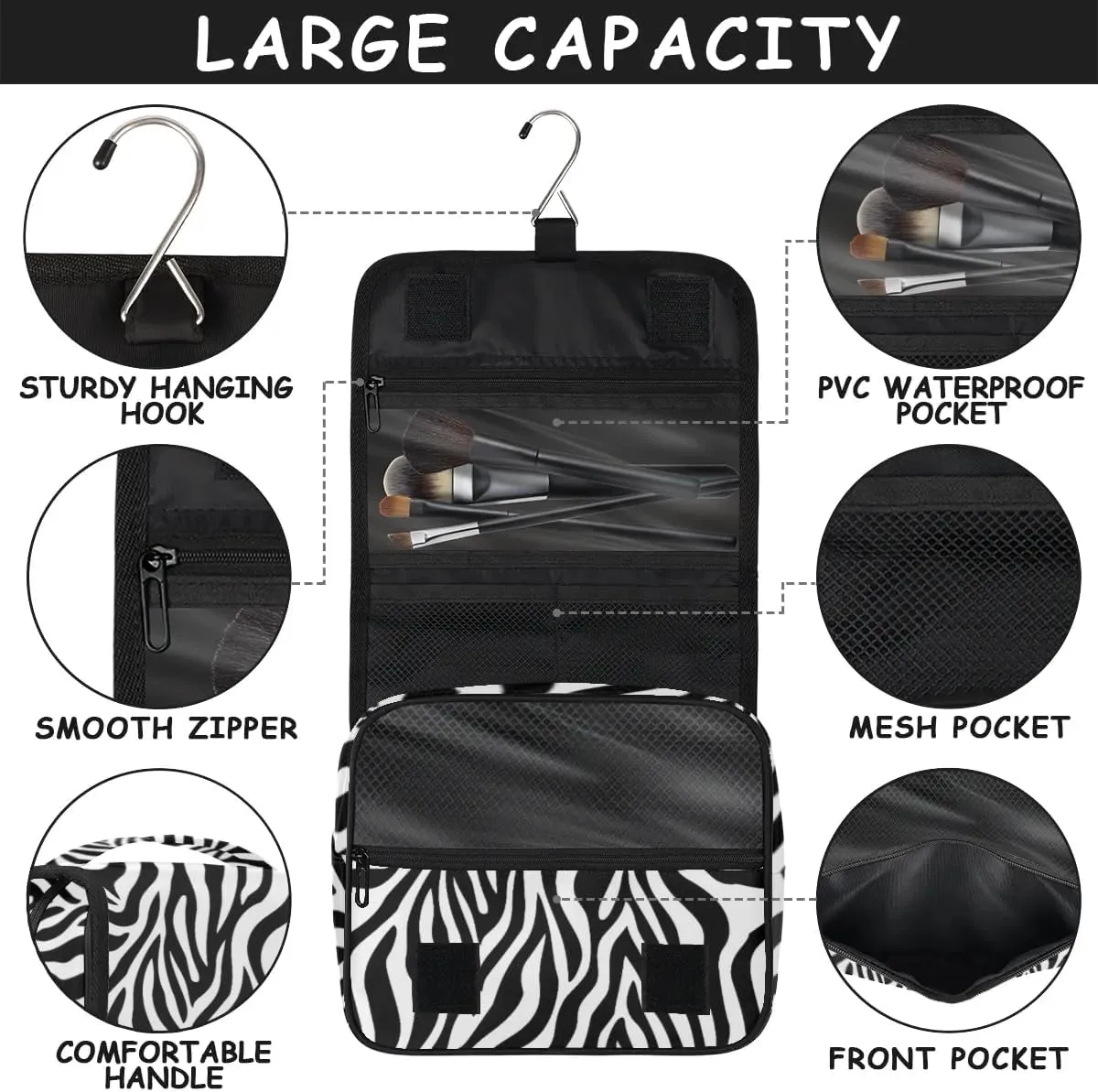 Zebra Print Hanging Travel Toiletry Bag for Kids, Women Cosmetic Organizer Makeup Bag Pouch Men Shaving Dopp Kit Shower Bag With Sturdy Hook