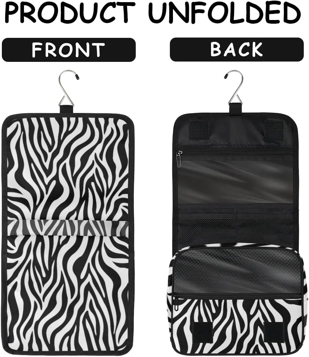 Zebra Print Hanging Travel Toiletry Bag for Kids, Women Cosmetic Organizer Makeup Bag Pouch Men Shaving Dopp Kit Shower Bag With Sturdy Hook