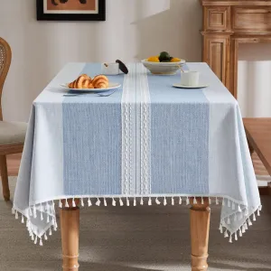 ZeeMart Contrast Linen Table Cloth Square Table Cloths 52x52 Inch Mid-Stripe Blue, Farmhouse Style Heavy Weight Dusty Blue Tablecloth, Water Resistant Burlap Tablecloths