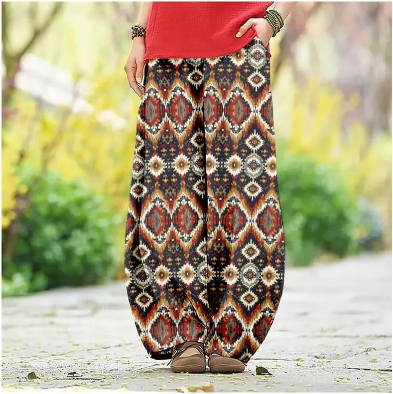 ZOCAVIA Womens Aztec Print Lantern Pants Western Causal Cotton Linen Wide Leg Pants Waist Elastic Hippie Trouser with Pockets