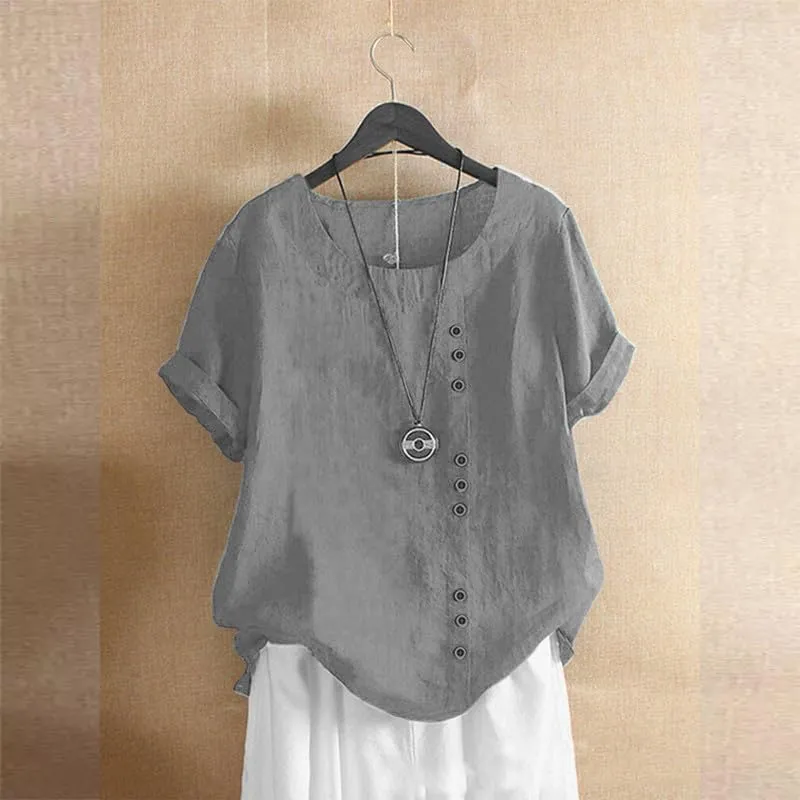 ZOCAVIA Women's Cotton Linen Shirts Summer Casual Boho Floral Short Sleeve Buttons Blouse Oversized Loose Ladies Tunic Tops