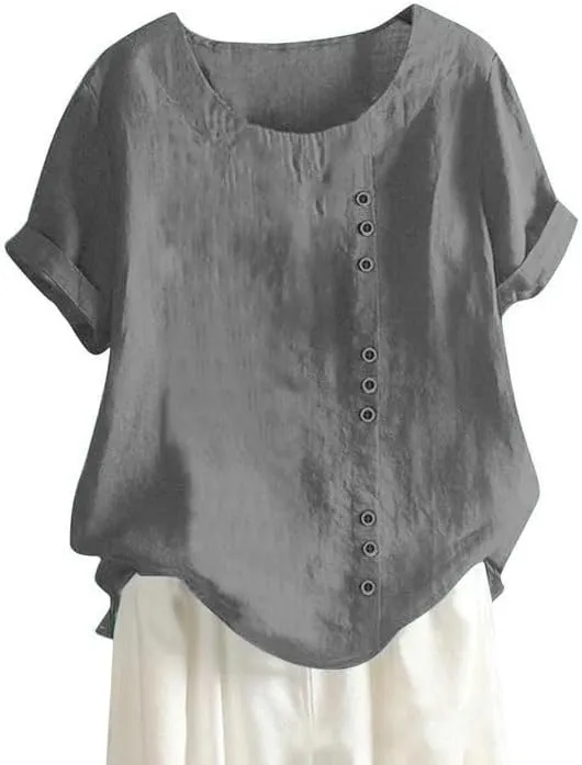 ZOCAVIA Women's Cotton Linen Shirts Summer Casual Boho Floral Short Sleeve Buttons Blouse Oversized Loose Ladies Tunic Tops