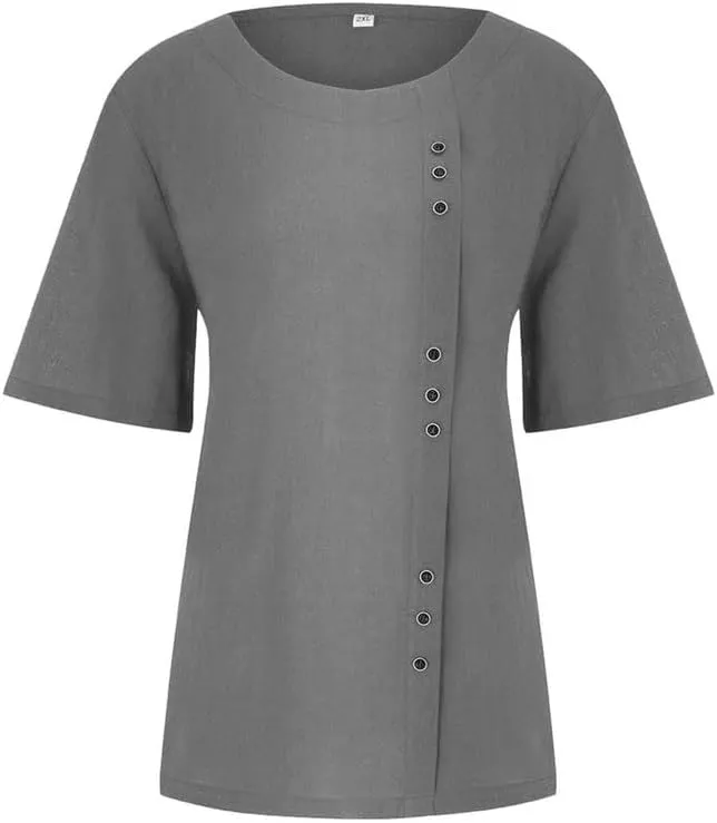 ZOCAVIA Women's Cotton Linen Shirts Summer Casual Boho Floral Short Sleeve Buttons Blouse Oversized Loose Ladies Tunic Tops