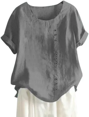 ZOCAVIA Women's Cotton Linen Shirts Summer Casual Boho Floral Short Sleeve Buttons Blouse Oversized Loose Ladies Tunic Tops